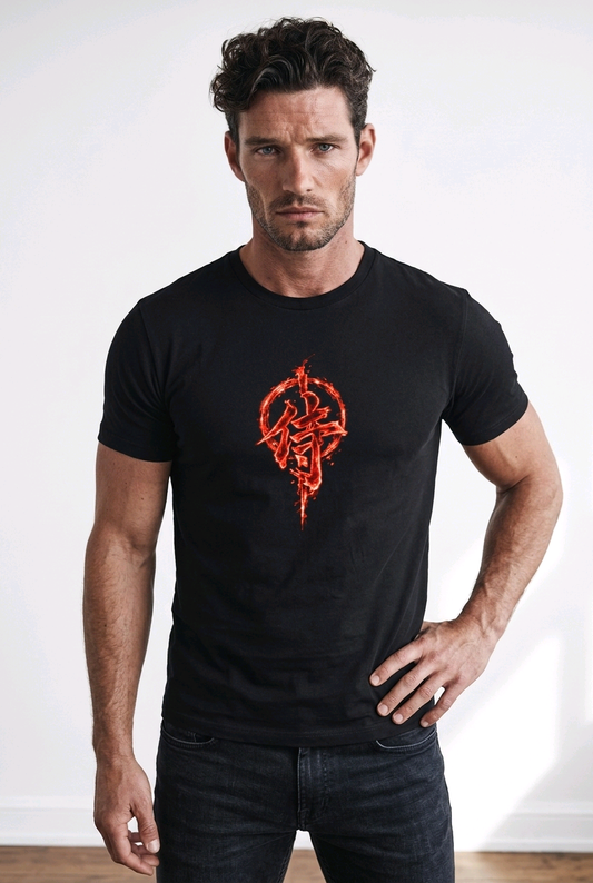 Crimson Ronin regular fit black t-shirt worn by a man, front view with a red 侍 samurai kanji in a brush ring