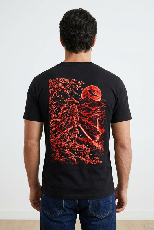 Crimson Ronin regular fit black t-shirt worn by a man, back view with a red samurai ronin scene under a blood moon