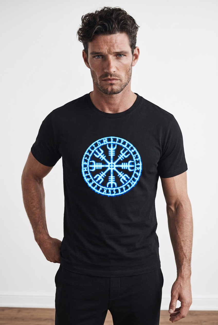 Frost Viking regular fit black t-shirt worn by a man, front view with a blue Viking rune compass