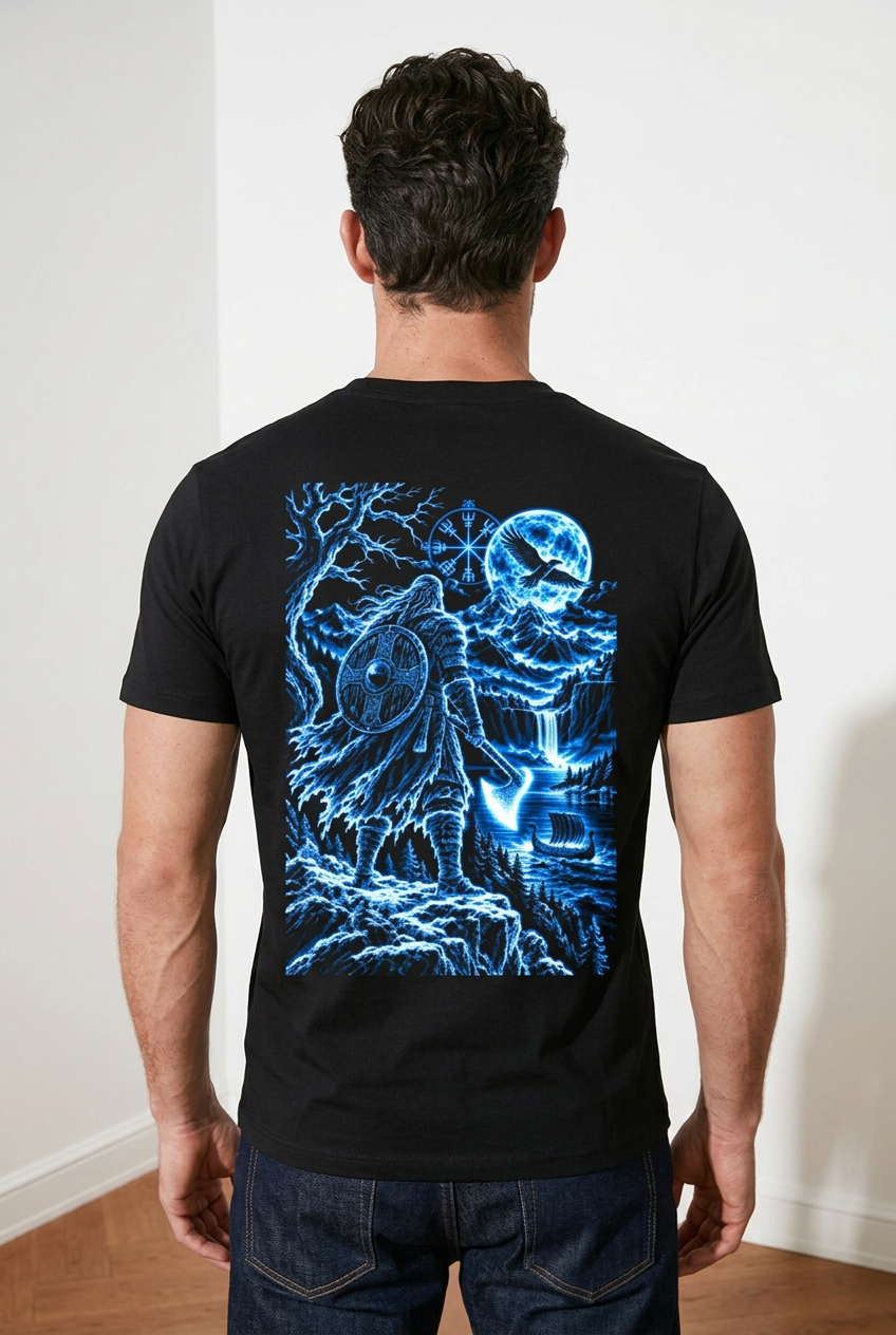 Frost Viking regular fit black t-shirt worn by a man, back view with an icy blue Norse warrior scene and longship