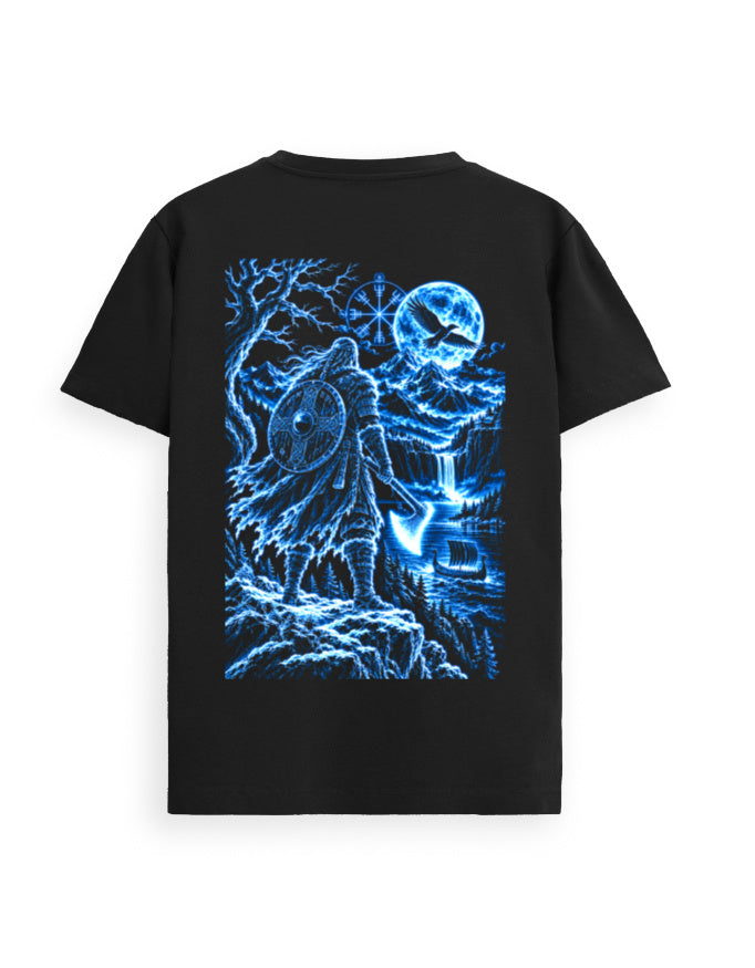 Frost Viking black t-shirt back with an icy blue Norse warrior scene and longship