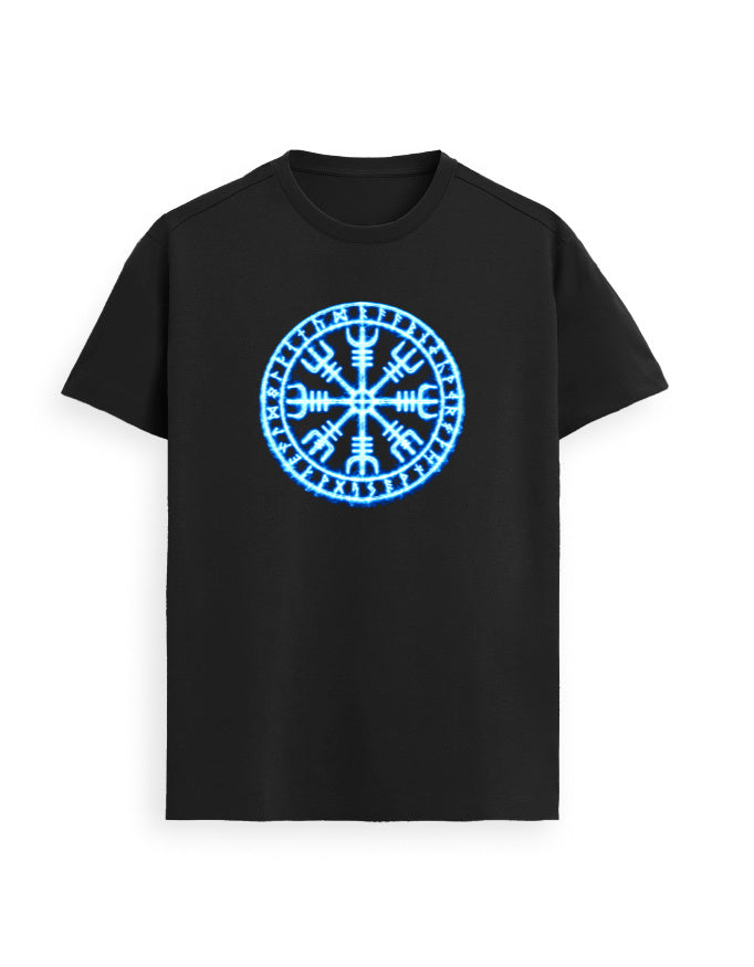 Frost Viking black t-shirt front with a blue Viking rune compass